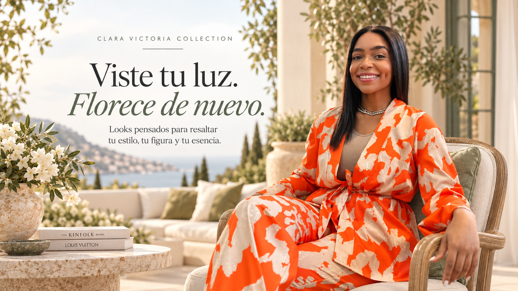 Viste tu luz. Florece de nuevo. Jasmine luce un conjunto naranja en la portada de Clara Victoria Collection.